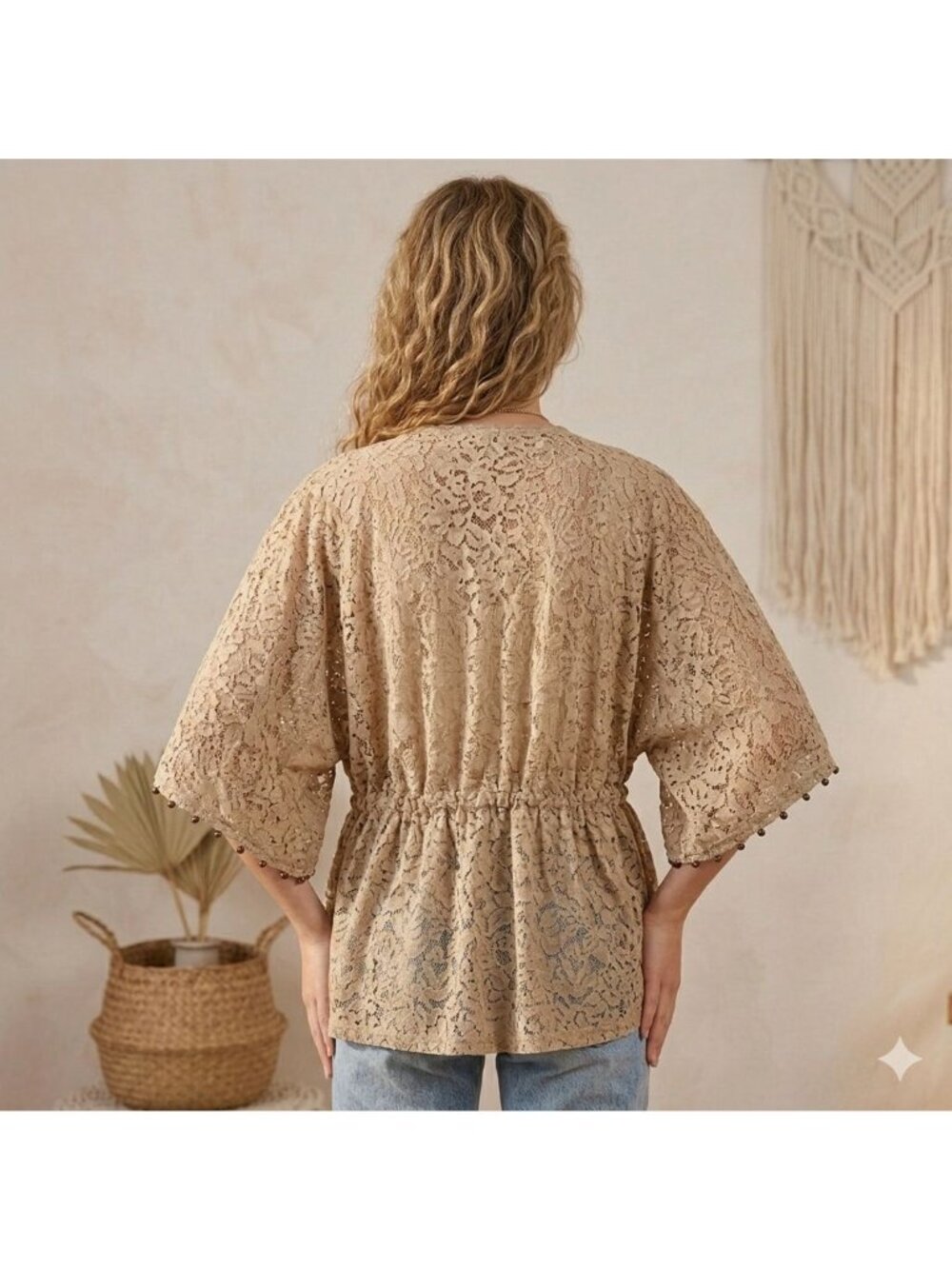 Fairycore Floral Lace Kimono Cardigan Champagne Taupe Coquette Boho Layering L - Picture 12 of 12